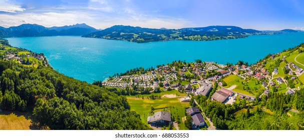 Aerial view, beautiful clear alpine lake Attersee with green water, salzkammergut, Austria, europe