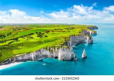 Aerial view of the beautiful cliffs of Etretat. Normandy, France, La Manche or English Channel - Shutterstock ID 2133452343
