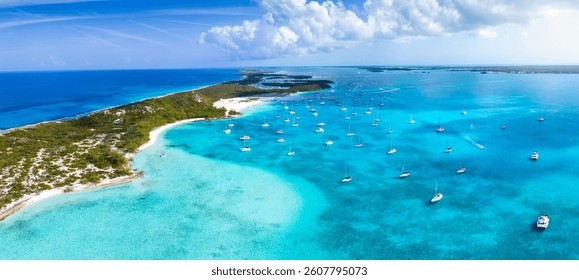 Aerial view of the beautiful coast of Stocking Island, The Exumas, Bahamas, with sandy beaches and turquoise ocean