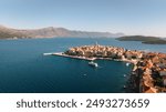 Aerial view of beautiful coastal town of Korcula Croatia overlooking the Adriatic Sea, Yacht charter, luxury yachting, holidays in Croatia