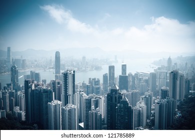 aerial view of beautiful hongkong at daytime in victoria peak - Shutterstock ID 121785889