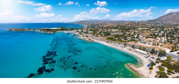 Aerial View Of The Beautiful Kiteza Beach At Lagonisi, South Of Athens City, Attica, Greece, During Summer Time