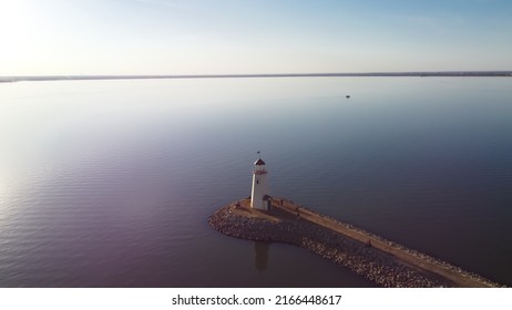 Aerial View Beautiful Lighthouse And Lake Hefner In Horizontal Line, Oklahoma City, America. Sunset At 36 Feet Tall Building Inspired By A 1700s New England Lighthouse