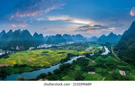 Aerial view of beautiful mountain and water natural scenery in Guilin, China. Guilin is a world famous tourist resort. Here are the most widely distributed karst landforms in China.