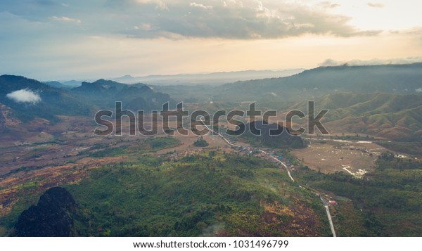 aerial view of beautiful mountain well\
known as Phu Nam Nor on the way to Khamkerd district(in another\
well known as Lak 20),Borlikhamxay province,\
Laos.