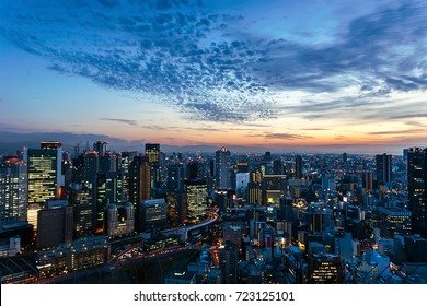 Aerial View Of Beautiful Osaka Night City Scape, Japan.