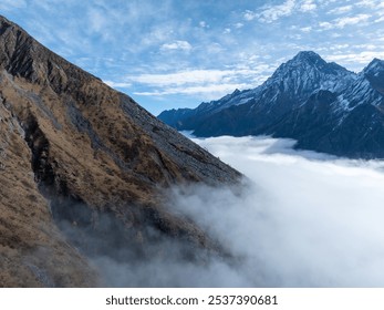 Aerial view of beautiful snow capped mountains and autumn forest landscape - Powered by Shutterstock