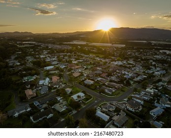 Aerial View Of Beautiful Sunset In Te Puke City. North Island Of New Zealand