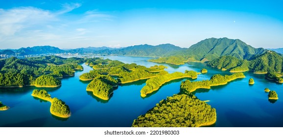 Aerial view of beautiful Thousand Island Lake natural scenery in summer, Hangzhou, Zhejiang Province, China. Clean lake water and green mountain nature landscape. - Shutterstock ID 2201980303