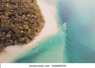 Aerial View Of Beautiful Turquoise Sea Ocean, Boat, Beach And Tree, Top View From Drone, Holidays Tour, Retreat Destination, Reopen Tourism,  Wellness Concept