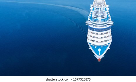 Aerial View Of Beautiful White Cruise Ship Above Luxury Cruise In The Ocean Sea  Concept Tourism Travel On Holiday Take A Vacation Time On Summer.