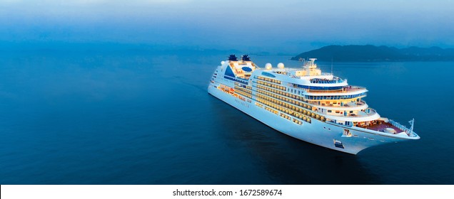 Aerial View Of Beautiful White Cruise Ship Above Luxury Cruise In The Ocean Sea At Early In The Morning Time Concept Smart Tourism Travel On Holiday Take A Vacation Time On Summer.  Forwarder Mast