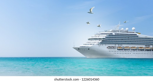 Aerial View Of Beautiful White New Cruise Ship Above Luxury Cruise Concept Smart Tourism Travel On Summer Holiday Vacation Time.