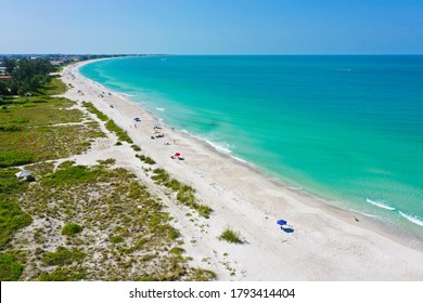 An Aerial View of the Beautiful White Sand Beach on Anna Maria Island, Florida. View South down the Island towards Bradenton Beach from Holmes Beach. 