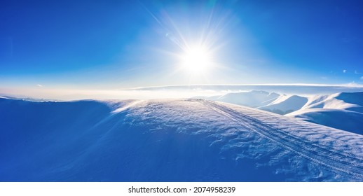 Aerial view of beautiful winter mountain slopes covered with snow and firs forest on a sunny cloudless day. European Ski Resort Beauty Concept