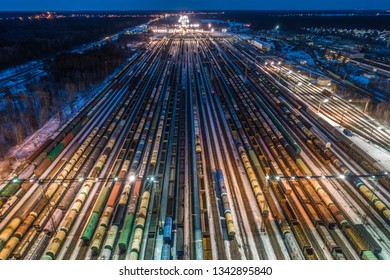 Aerial View Of Bekasovo Train Yard At Night