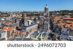 Aerial view of the Belfry of Boulogne-sur-Mer in the Pas-de-Calais département of Northern France - Medieval tower overlooking the Town Hall next to the Godefroy de Bouillon square