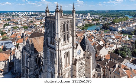 Aerial view of the bell tower of the cathedral Saint Etienne of Meaux, a roman catholic church built in the 12th century near the Marne river in the department of Seine et Marne near Paris, France - Shutterstock ID 2311561395