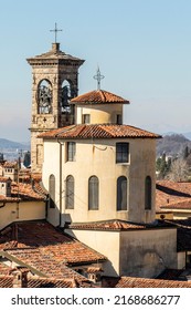 Aerial view of a bell tower and dome in Bergamo