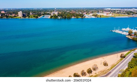 Aerial View Of Belle Isle Beach, The River Bed And Detroit River.