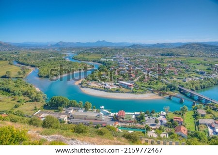 Aerial view of a bend of Drin river at Shkoder in Albania