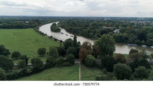 Aerial view of a bend on the river Thames in Richmond, West London