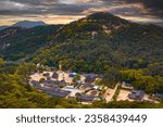 Aerial view of Beopjusa temple at sunset, courtyard, pagoda and giant Buddha statue, near Cheongju, North Chungcheong Province (Chungcheongbukdo) South Korea