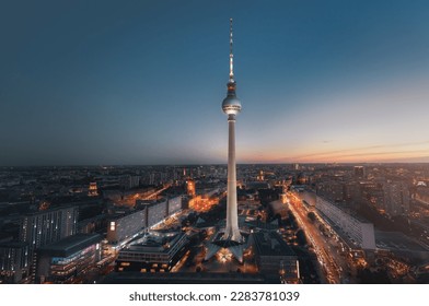 Aerial view of Berlin with Berlin Television Tower (Fernsehturm) at night - Berlin, Germany - Powered by Shutterstock