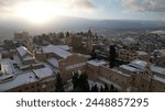 Aerial view for Bethlehem and Nativity Church while it was snowing in 2022