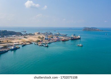 Aerial View Of Bhumibol Adulyadej Naval Dockyard Located In Sattahip City, Chonburi Thailand.