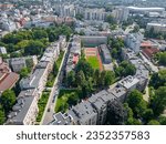 Aerial view of Bielsko Biala. The old town of Bielsko Biala, traditional architecture and the surrounding mountains of the Silesian Beskids. Silesian Voivodeship. Poland. 