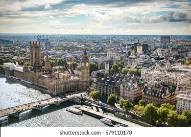 Aerial view of Big Ben, Parliament Building and Westminster Bridge on River Thames, London, UK, Europe, Vintage filtered style