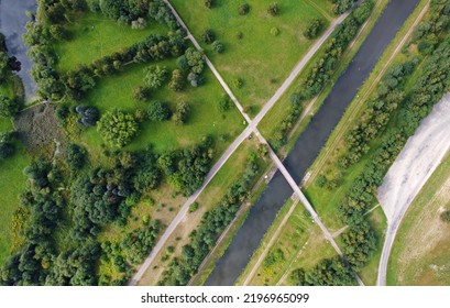 Aerial View Of The Big Blue River With Fields And Forests