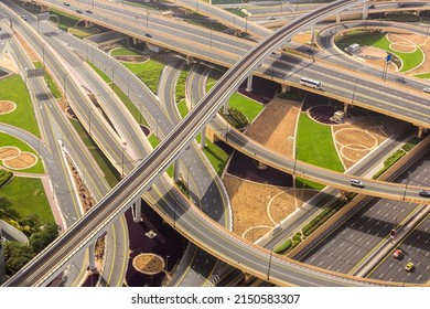 Aerial view of big highway intersection at Sheikh Zayed road in Dubai in a summer day, United Arab Emirates