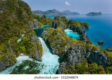 Aerial View Of Big And Small Lagoon. Miniloc Island, El Nido, Palawan, Philippines. Surreal Karst Limestone Ridge Formation. Asia