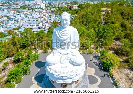 Aerial view big white Buddha in Long Son pagoda in Nha Trang, Vietnam in a summer day
