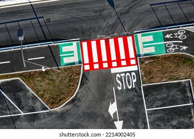 Aerial View Of Bike Path And Road Signs