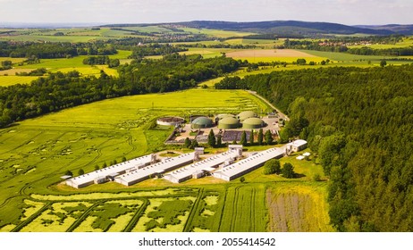 Aerial View Of Biogas Plant Near Farm In Countryside. Ecological Renewable Energy Production From Agricultural Waste. New Green Modern Agriculture In Strizov, Czech Republic, European Union. 