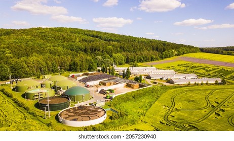 Aerial View Of Biogas Plant Near Farm In Countryside. Ecological Renewable Energy Production From Agricultural Waste. New Green Modern Agriculture In Strizov, Czech Republic, European Union. 