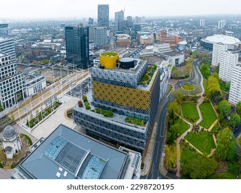 Aerial view of Birmingham, a major city in England’s West Midlands region, with multiple Industrial Revolution-era landmarks, UK