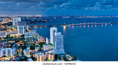 Aerial View Of Biscayne Bay And Miami Beach At Night.