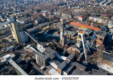 Aerial View Of Black Coal Mine In Poland. Industrial Place From Above. Heavy Industry Top View.