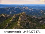 An aerial view of the Black Hills, South Dakota at golden sunset