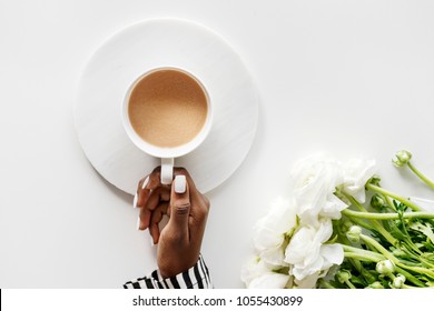 Aerial View Of Black Woman Drinks Coffee