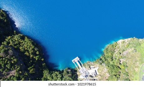 Aerial view of Blue Lake, Mount Gambier, South Australia. Cobalt blue crater lake.