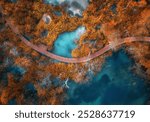 Aerial view of blue lakes in red autumn forest at sunrise. Morning in Plitvice Lakes park, Croatia. Colorful landscape with azure water, trees, wooden trails and bridges, orange foliage. Top view