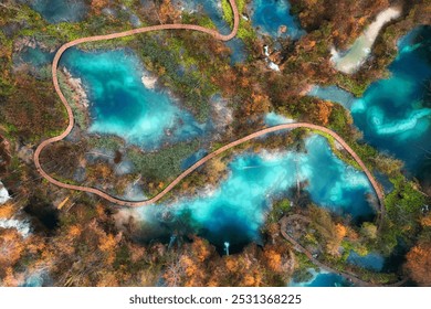 Aerial view of blue lakes in red autumn forest at sunrise. Morning in Plitvice Lakes park, Croatia. Colorful landscape with azure water, trees, wooden trails and bridges, orange foliage. Top view - Powered by Shutterstock