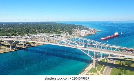 An Aerial View Of The Blue Water Bridge Between Sarnia And Port Huron