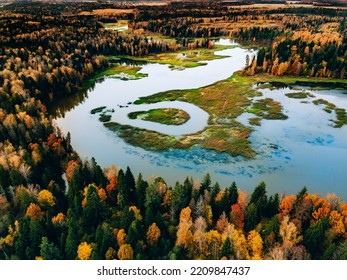 Aerial View Of Blue Winding River With Fall Forest With Autumn Colorful Trees. Beautiful Nature Landscape