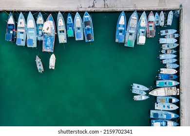 Aerial View Of Boat At Fuvahmulah Harbour, Fishing Port And Famous Dive Site For Tiger Sharks, Fuvahmulah Island South Maldives. Nautical Vessel For Marine Tourism And Scuba Diving Industry.